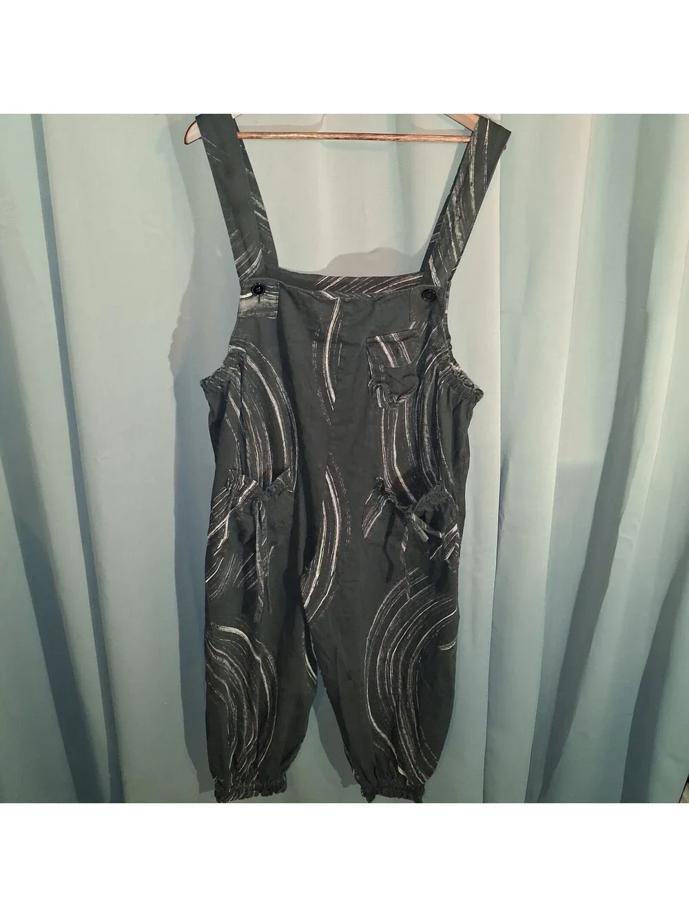 Black Cotton Overalls with Abstract Print and Buttoned Pockets